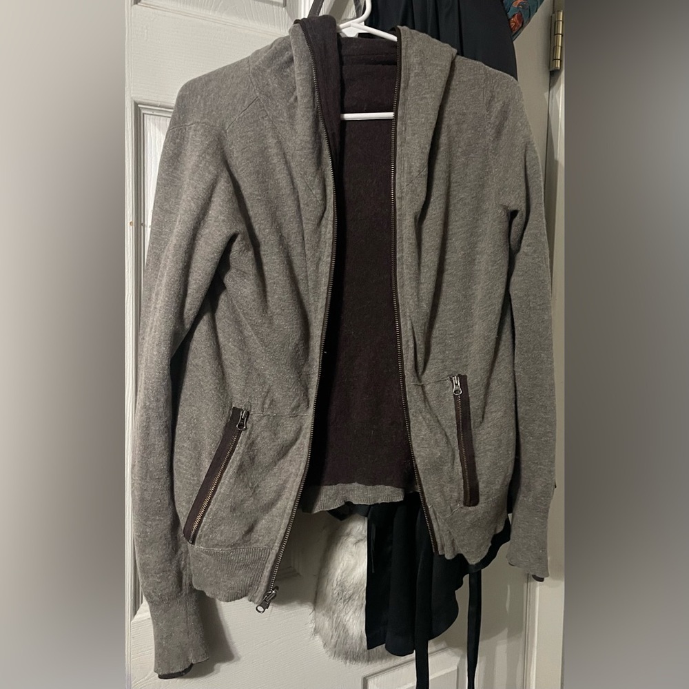 Laurie B. Full Zip Cotton Wool Cashmere Reversible Hoodie Sweater Brown Gray - Picture 7 of 15